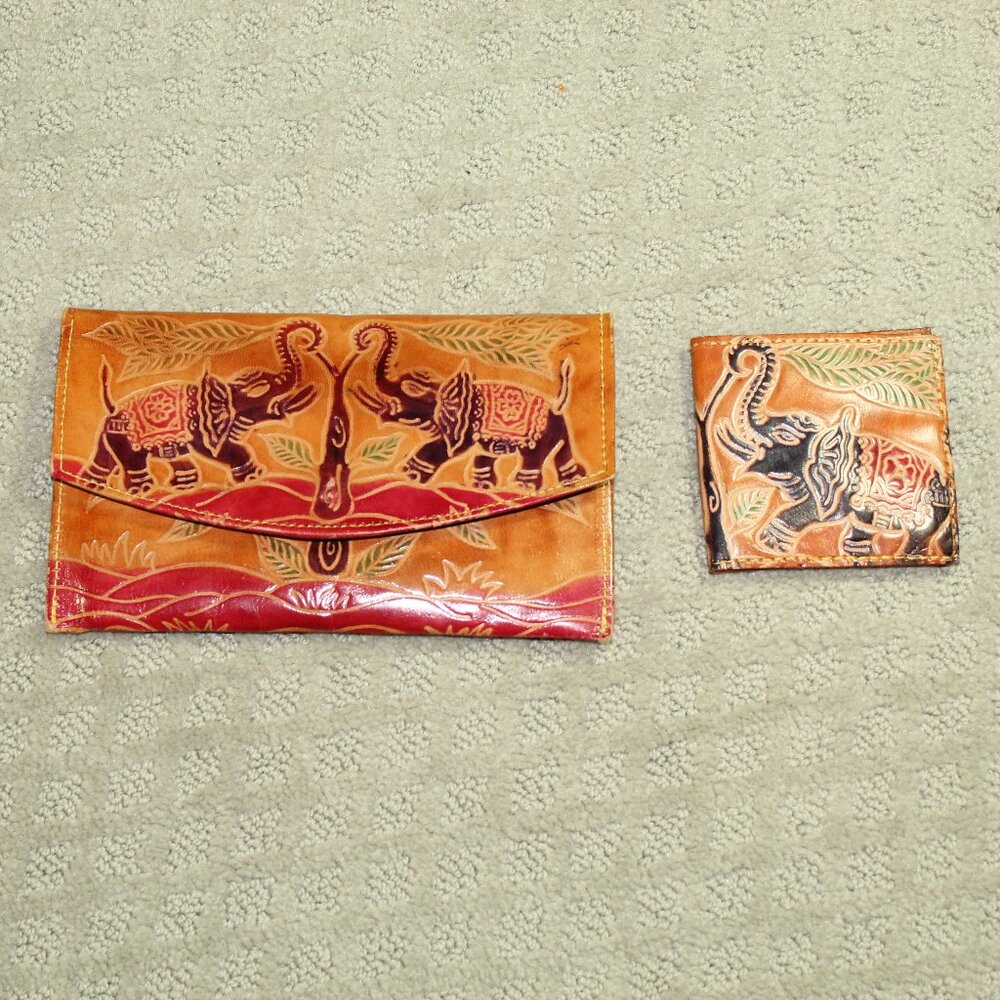 Vintage 90s Colorful Tooled Leather Wallet Clutch Envelope style Elephants India
